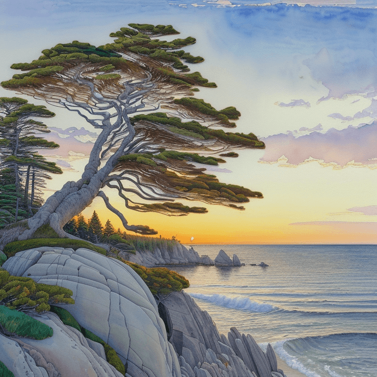 AI generated: a painting of a tree sitting on top of a rock, a watercolor painting, inspired by Arthur Lismer, cg ...