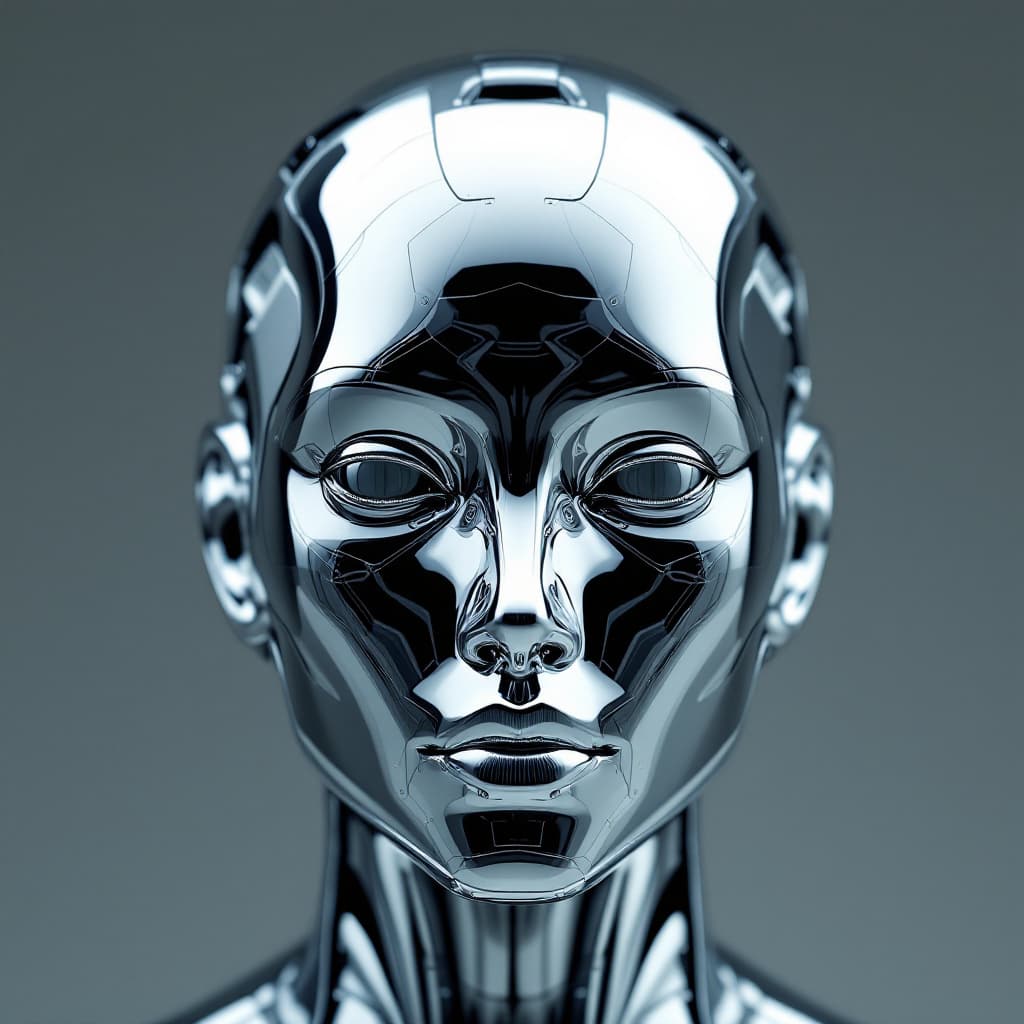 AI generated: perfectly balanced, symmetric, highly reflective, polished metal humanoid face, reflecting a cold, c...