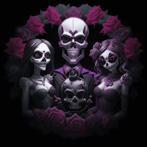 AI generated: Smiling Dark Puppet Fighting Monsters, A Dark Fantasy in Escher's Style, Skull & Roses, Neon Multico...