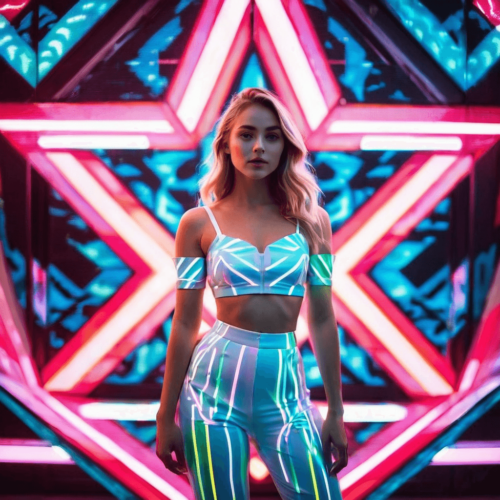 AI generated: random neon patterns surrounding a white girl, hyper detail, cinematic lighting, Canon-EOS-R3, 8K, R...