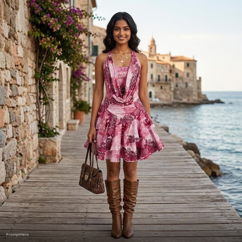 AI generated: Hey create a girl model wearing the dress given in photo ,background should be according to the dres...