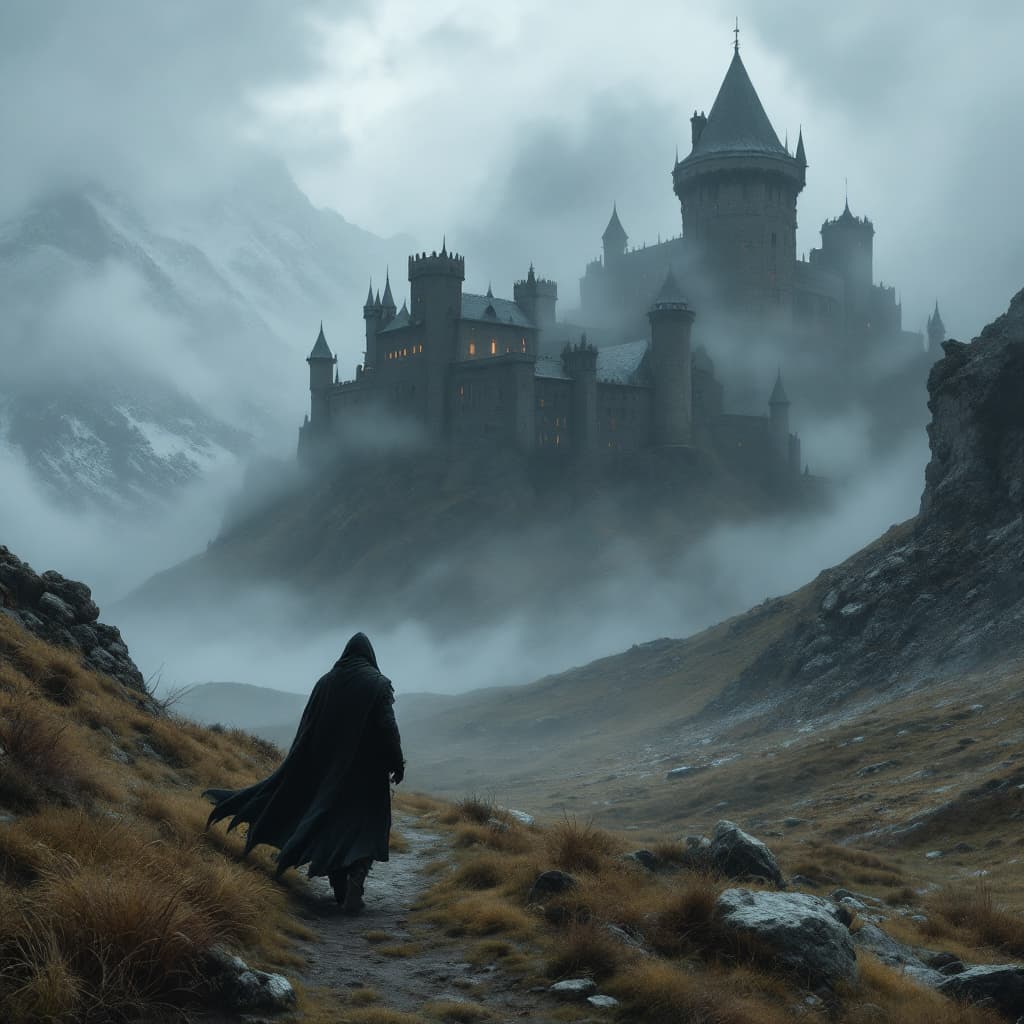 AI generated: A lone ranger with a long cloak stride towards a mountainous castle that is covered in an eerie mist...