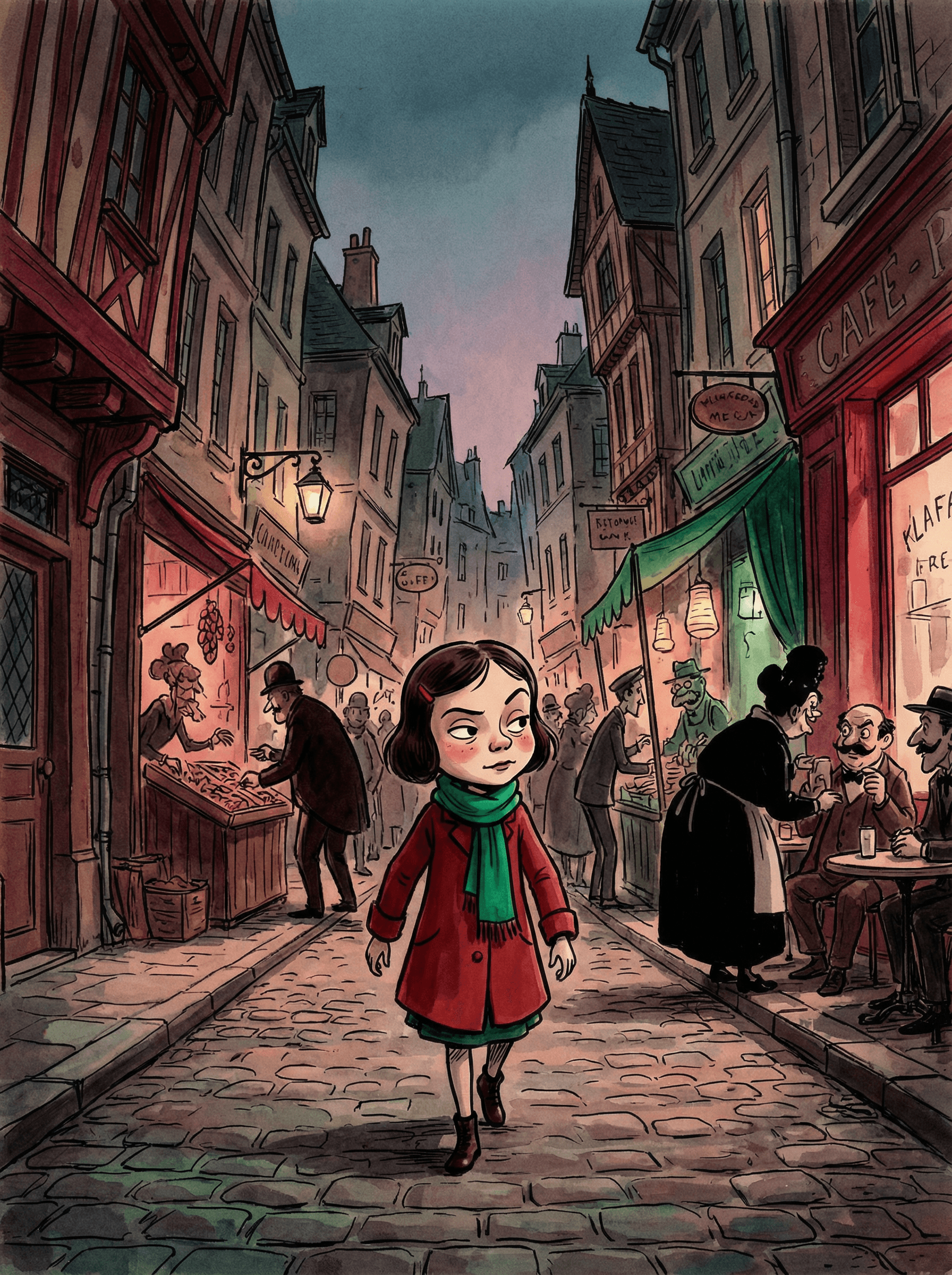 AI generated: an illustration of a girl walking down a street, in the style of disney animation, pre-world war ii ...
