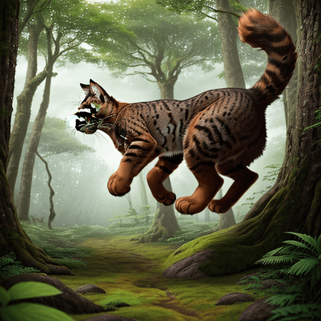 AI generated: side view of a nice, wise, giant brown cat jumping in a prehistoric forest, looking down, side view,...