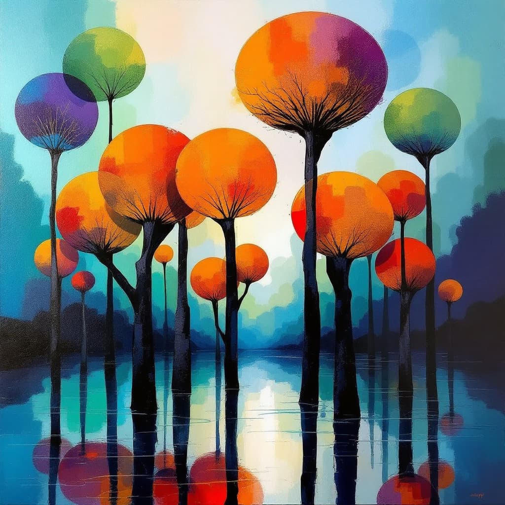 AI generated: An abstract acrylic painting of a surreal forest, where tree trunks are **tall, slender, and elongat...