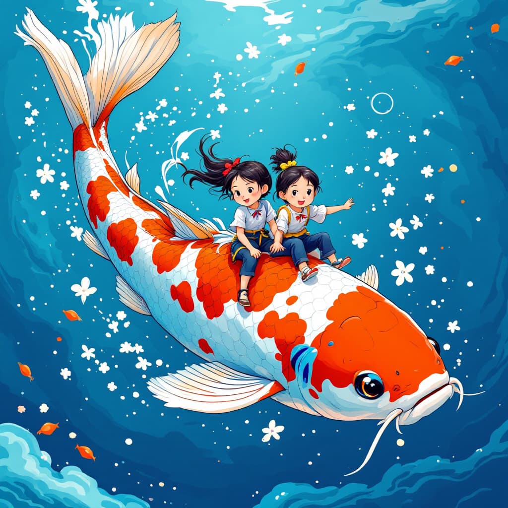 AI generated: a cartoon of a two girls riding a koi fish, in the style of he jiaying, comic/cartoon, ocean academi...