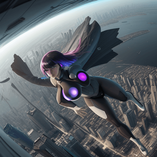 AI generated: hyperrealism, Ghost in the Shell flying on top of a cityscapr looking down seeing the whole world, g...