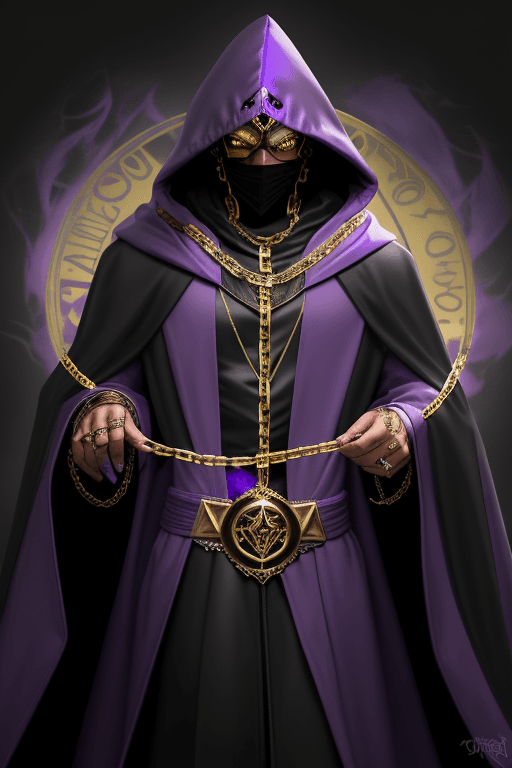 AI generated: Shadow wizard money gang, in purple cloak hood, dark face, gold chains and jewellery