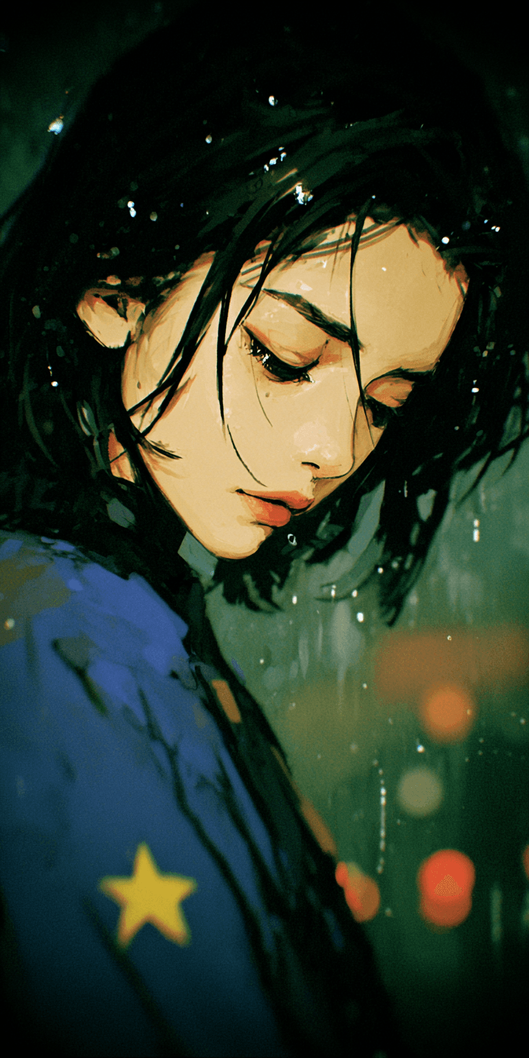 AI generated: a girl with blue hair with eyes closed, in the style of the stars art group (xing xing), yellow and ...