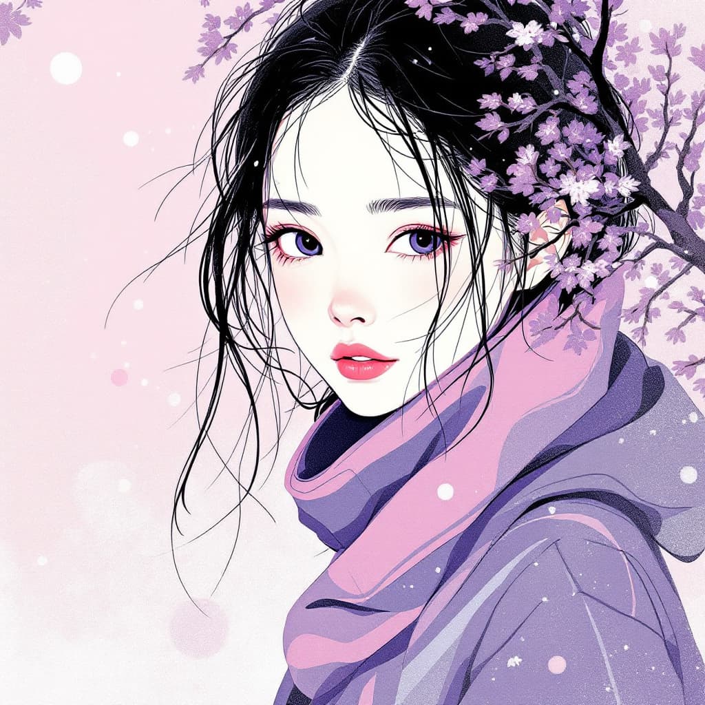 AI generated: Flat illustration, line art, Types of Minimalists, a female artist painting, Tsutomu Nihei, purple l...