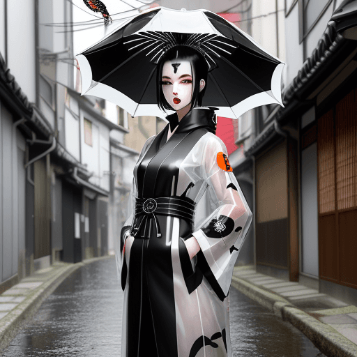 AI generated: graphic art futuristic and minimal kimono style rain coat for gothic women, white and black hair, bl...