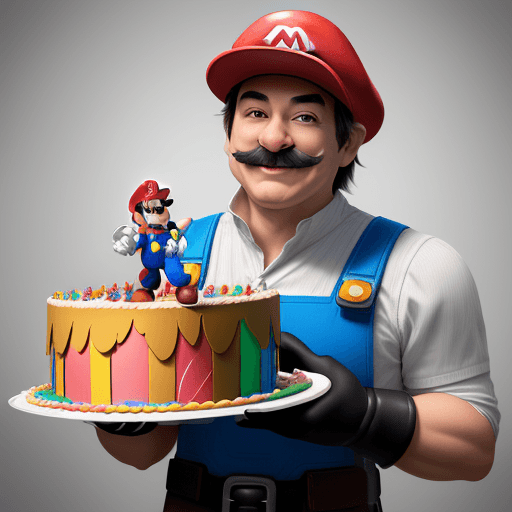 AI generated: Super Mario like charachter, without mustache and hat, happily emerging from a birthday cake thanks ...