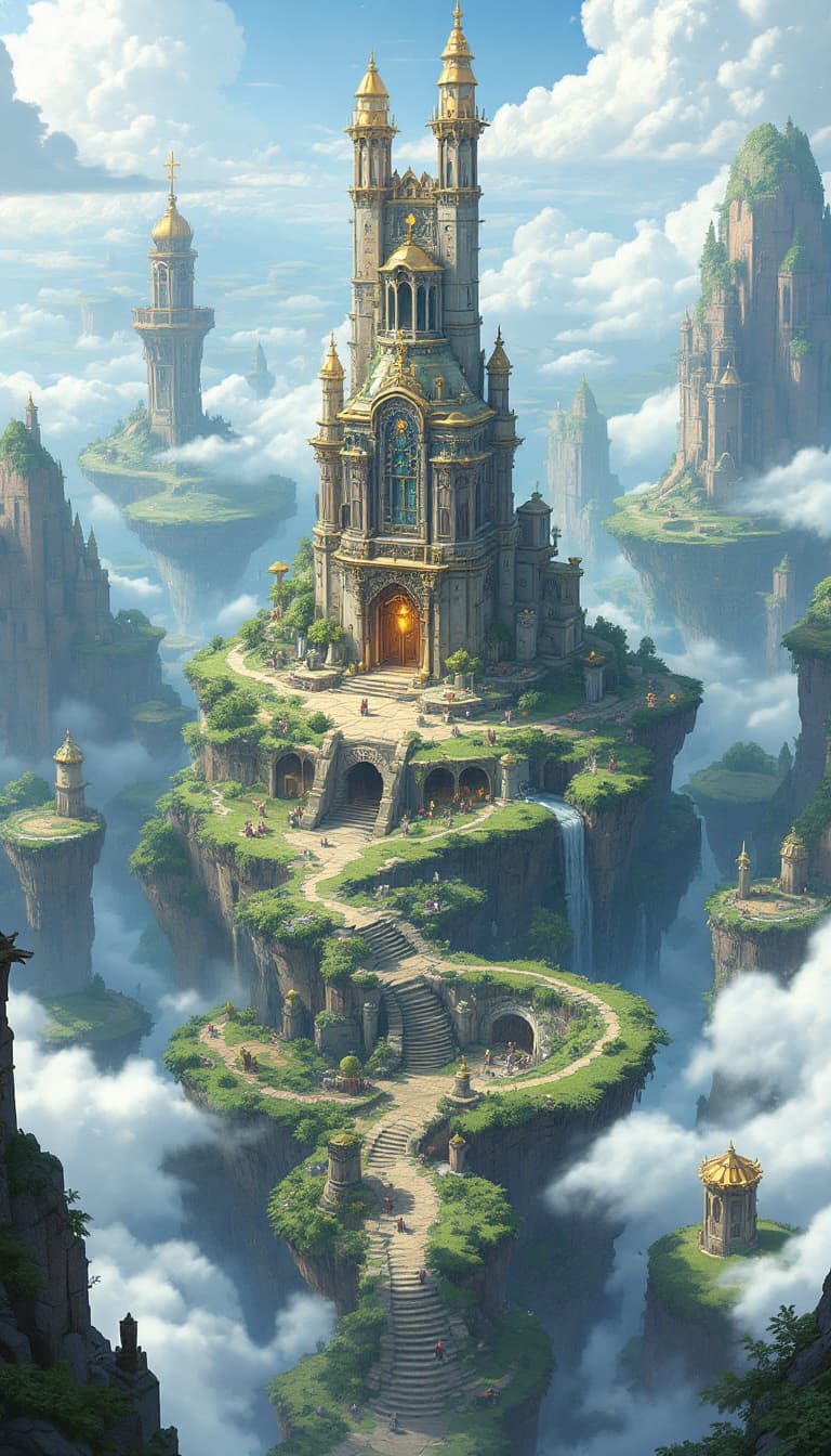 AI generated: A high-fantasy art style depicts the magical geography of floating islands, magical artifacts, and a...