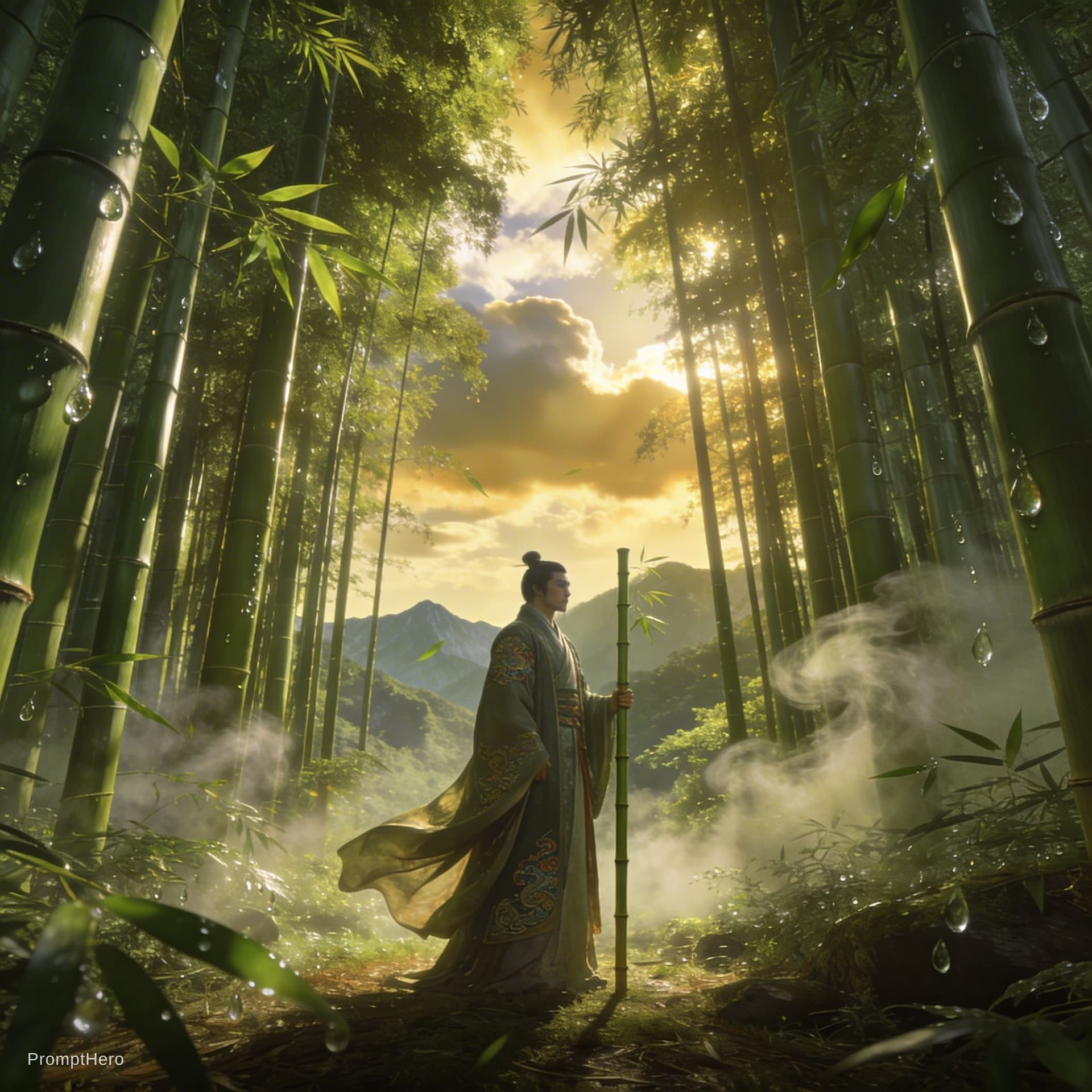 AI generated: Epic scene, bamboo forest, detailed, realistic, keep face same