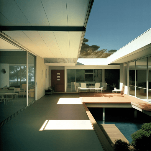 AI generated: Hyper realistic eye level exterior photo of a mid century modern style house overlooking the ocean, ...