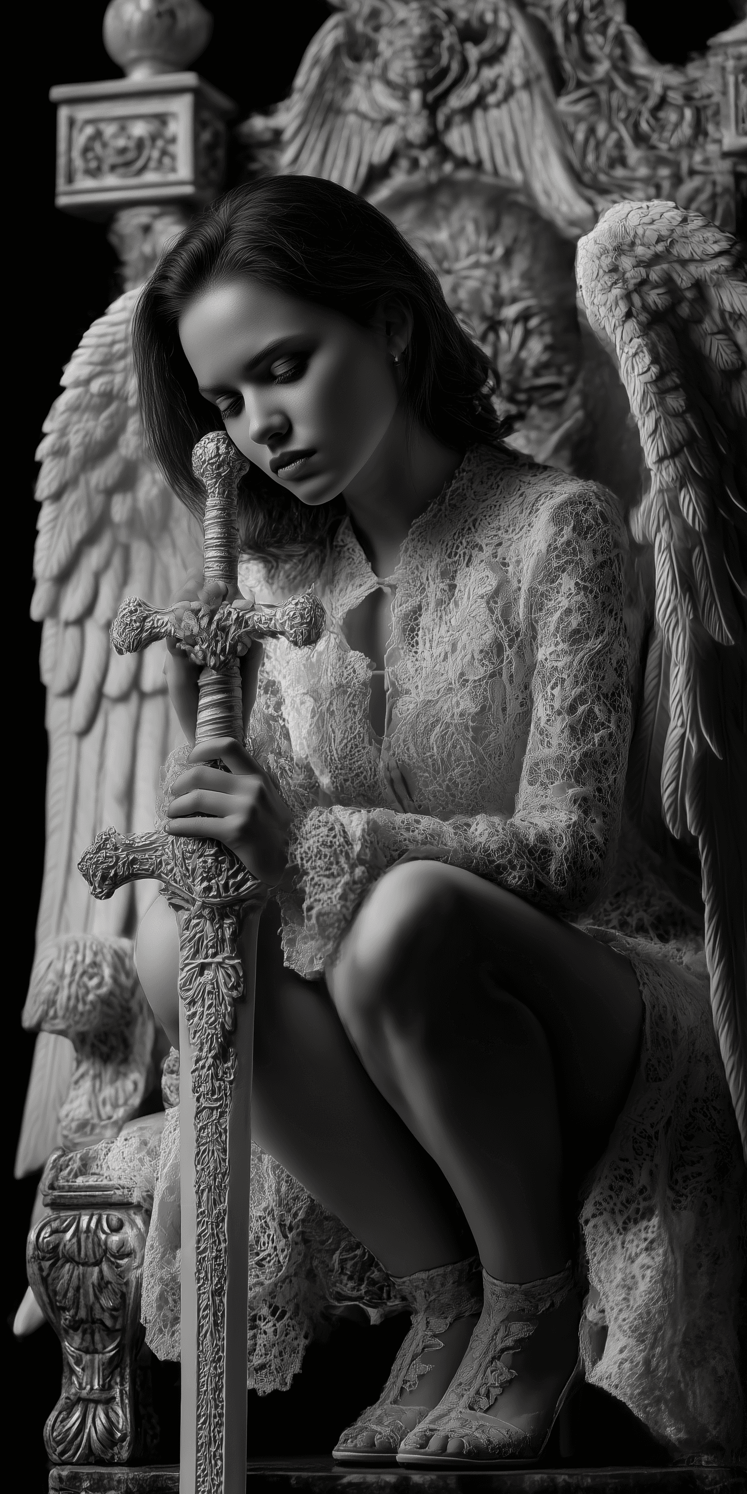 AI generated: A beautiful angelic woman with a colossal sword, white wings, and a lace outfit sitting on a throne,...