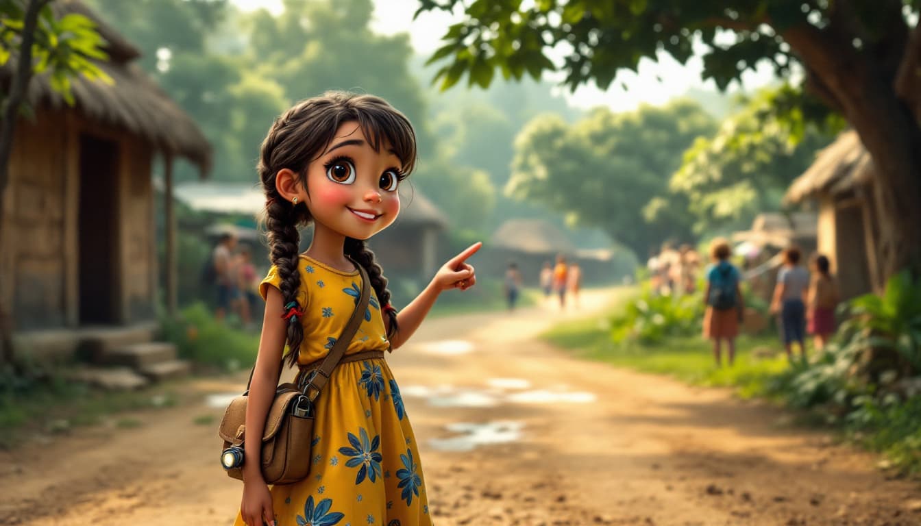 AI generated: "A brave and curious young girl, around 10 years old, standing confidently in the village square, an...