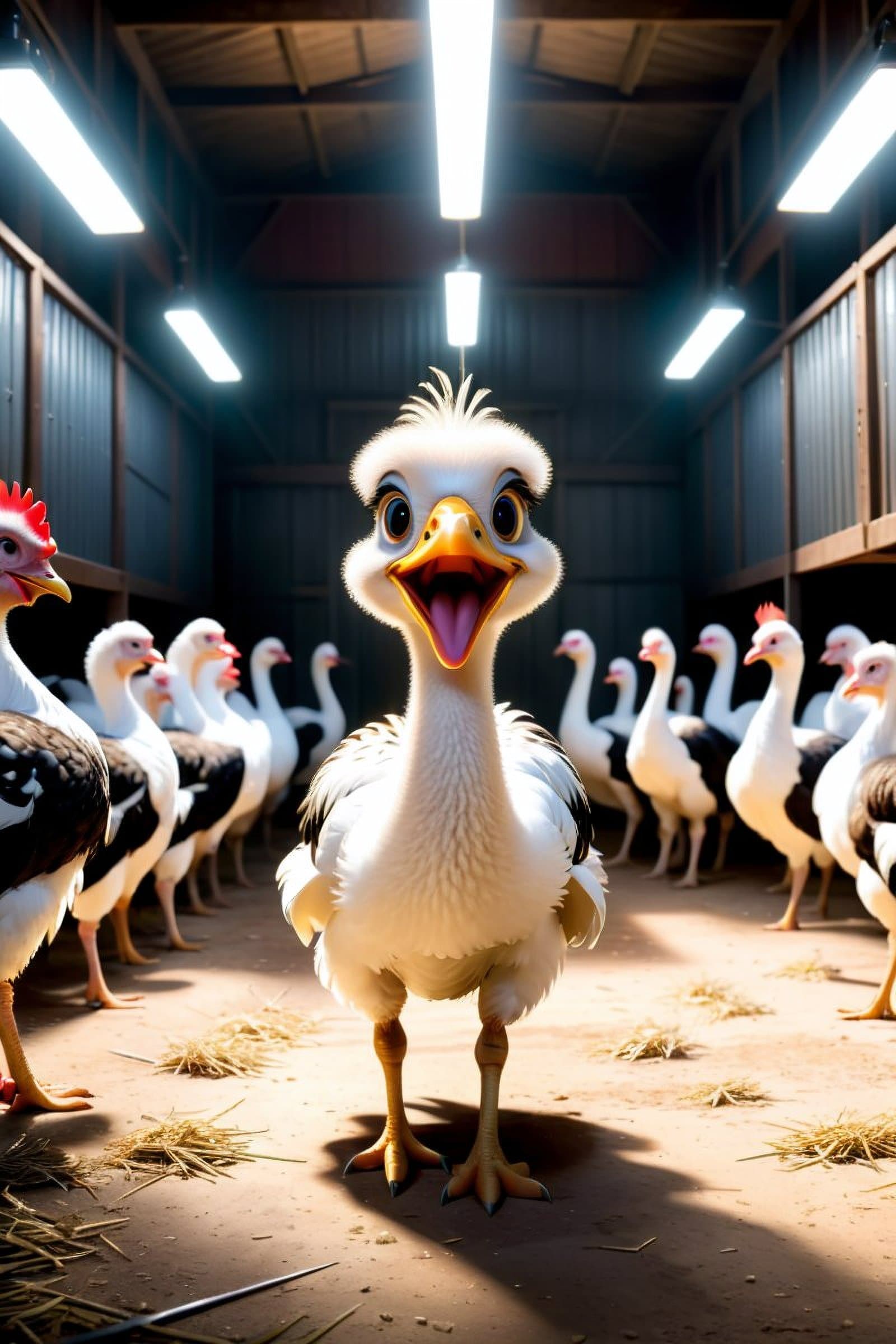 AI generated: Inside an industrial chicken coup, A fat boy looks terrified as hundreds of 6 foot tall ostrich like...