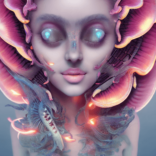 AI generated: Goddess close-up portrait ribcagel. jellyfish phoenix head, nautilus, orchid, skull, betta fish, bio...