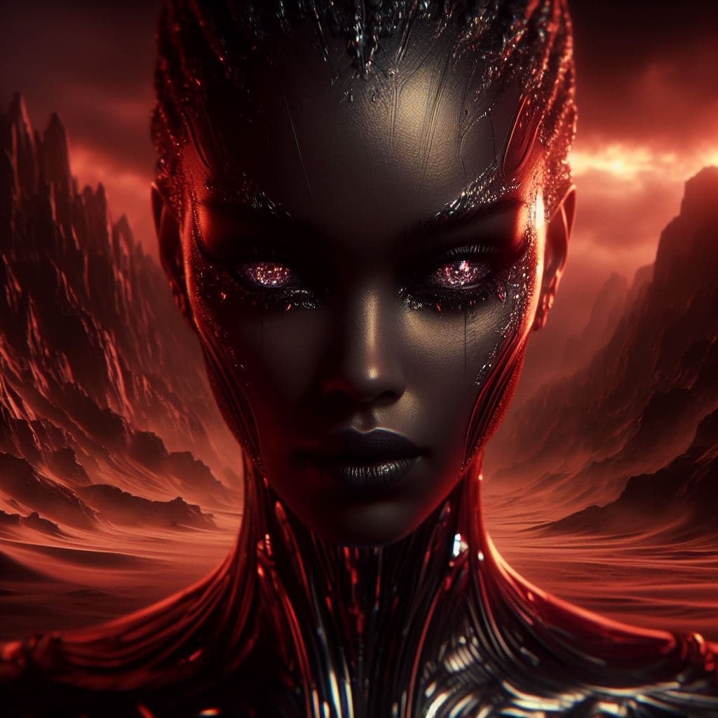AI generated: In this portrait, Serqet stands in a dark and foreboding desert landscape, surrounded by towering sa...