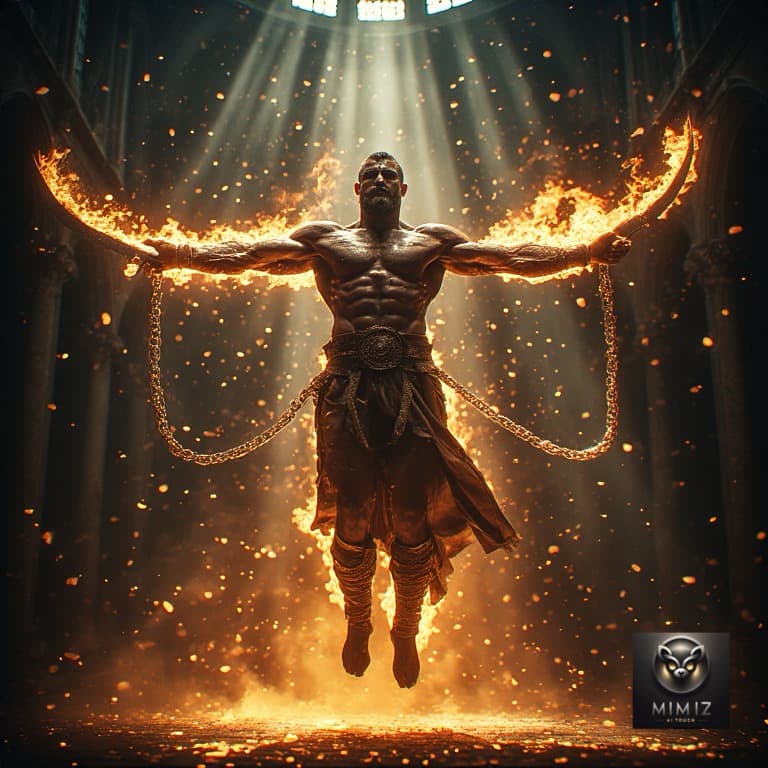 AI generated: Perchance
A powerful muscular warrior levitating in a dark cathedral, arms spread wide, holding a ch...