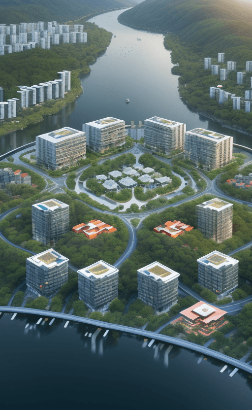AI generated: a magnificent modern ecotourism village with different residential buildings designed by architect S...