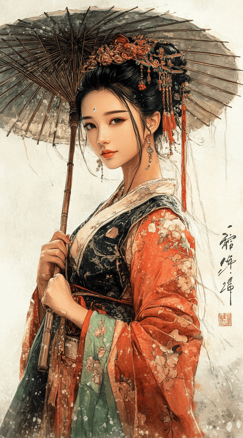 AI generated: painting of a woman dressed in traditional Chinese dress with a bamboo umbrella, in the style of rom...