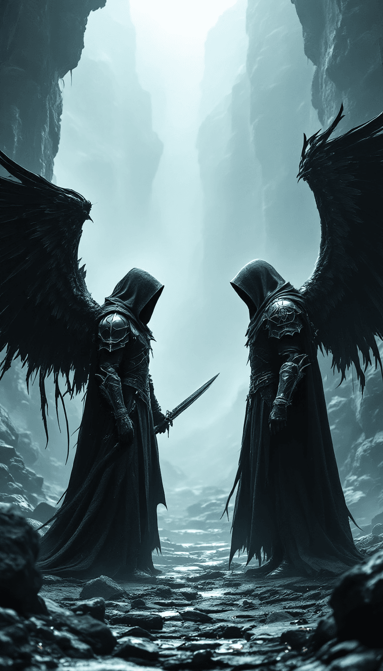 AI generated: Two dark, hooded warriors stand face to face in a desolate, ashen battlefield—one with massive, torn...