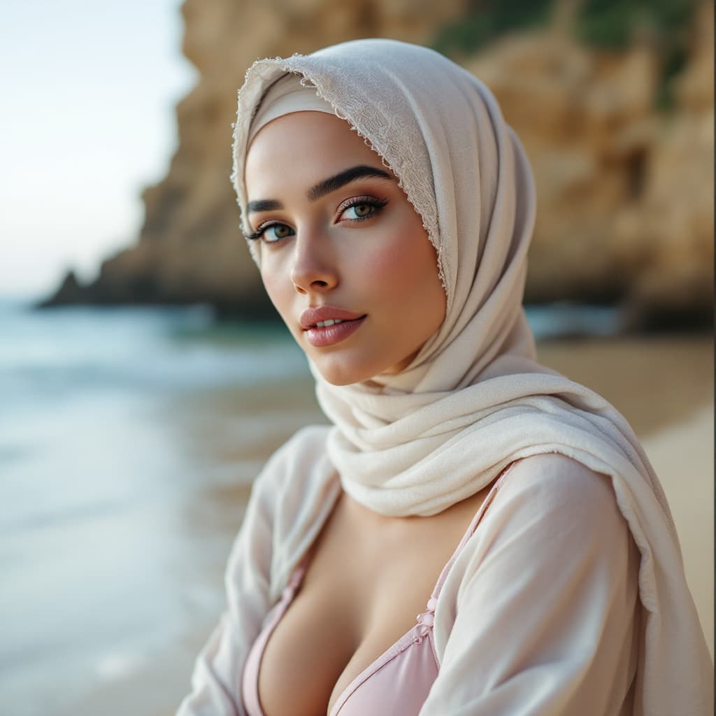 AI generated: girl wearing pikini  white skin wear hijab on head only arab