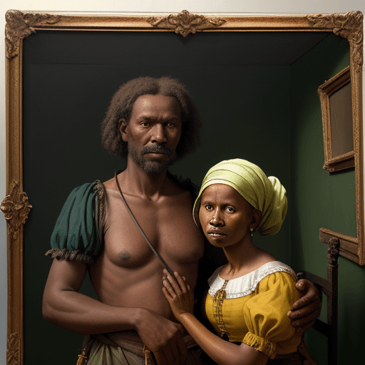 AI generated: Portrait of a Dutch man with his arm around an Papuan woman, in the style of dutch realism, lightbox...