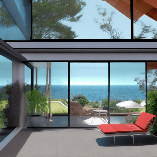 AI generated: Hyper realistic eye level exterior photo of a mid century modern style house overlooking the ocean, ...