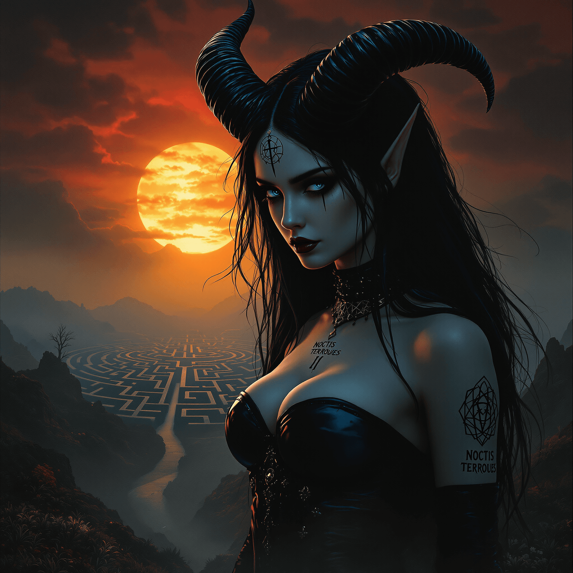 AI generated: A record-album cover, fantasy art: A powerful yet vulnerable female demon, reminiscent of Beksiński'...