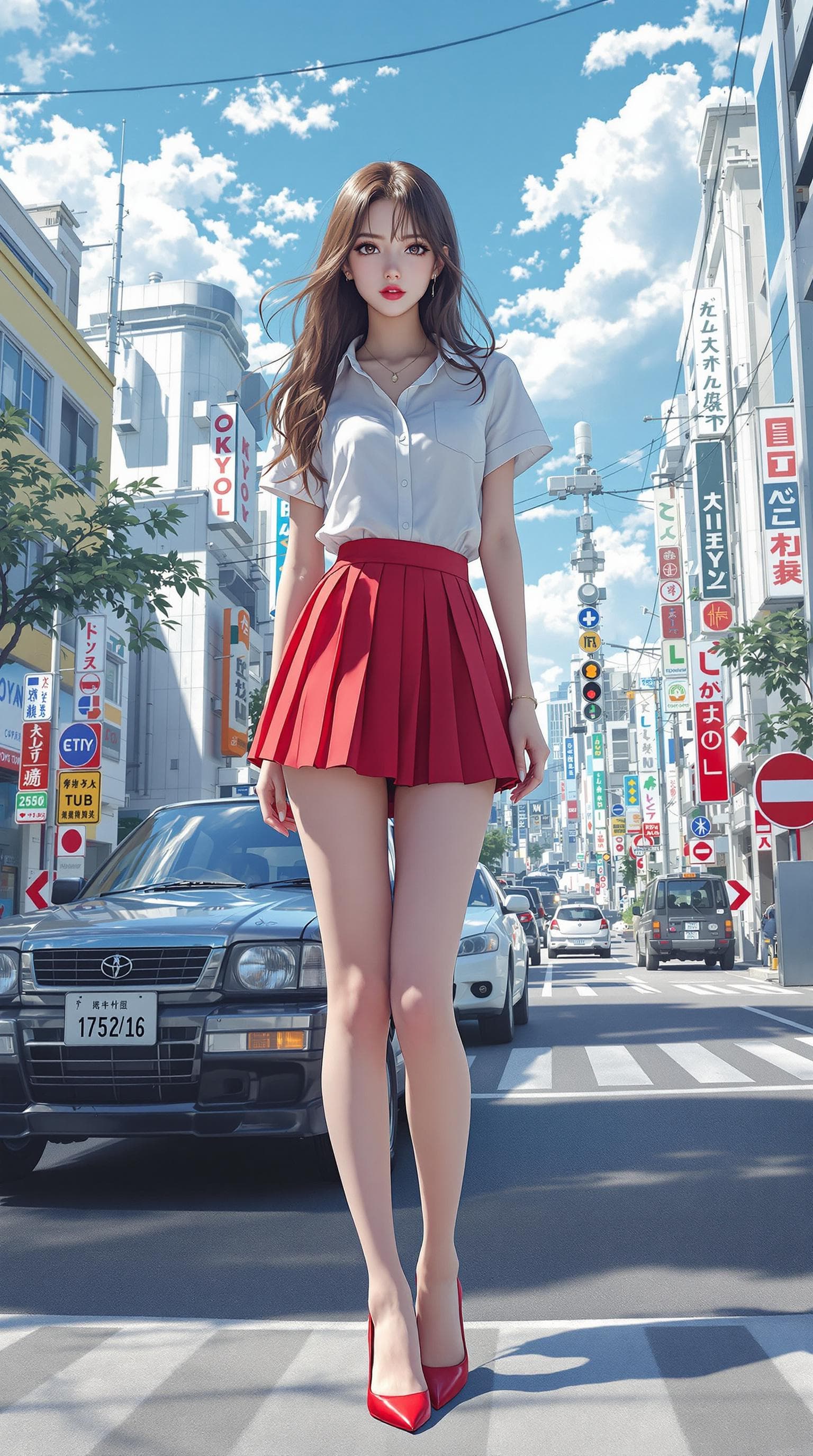 AI generated: beautiful photorealism, a girl, perfect anatomy, wearing a white short sleeves shirt, red pleated mi...