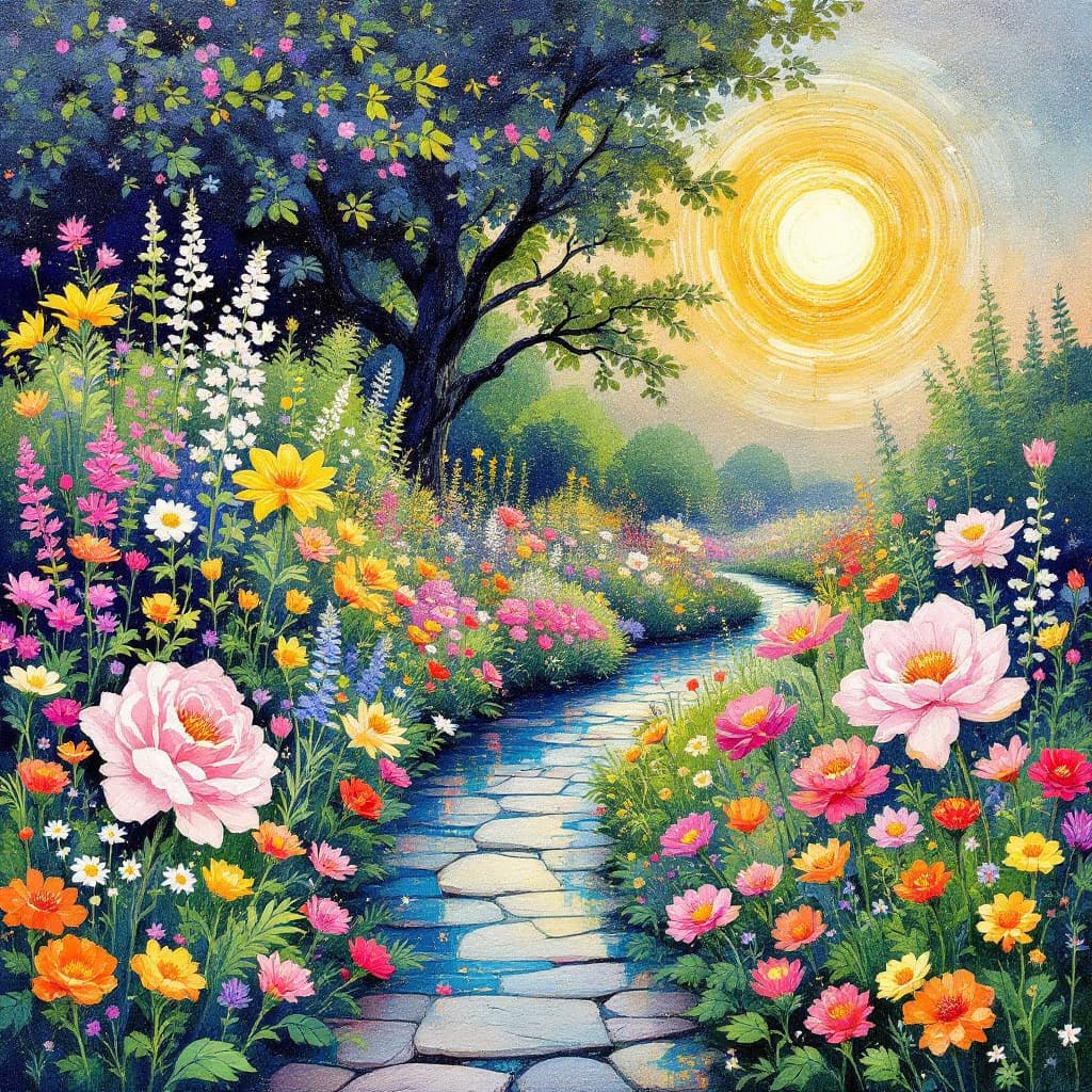 AI generated: A whimsical painting in acrylic, alcohol ink and gold pen, of a
flower garden in the style of Monet