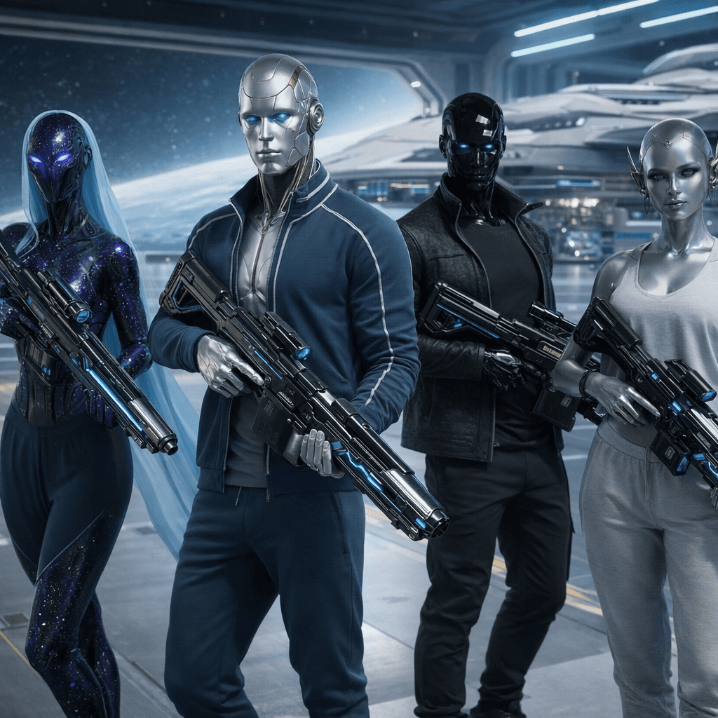 AI generated: Create an image where all the charactes are casually holding the reference weapons in a pose. Change...