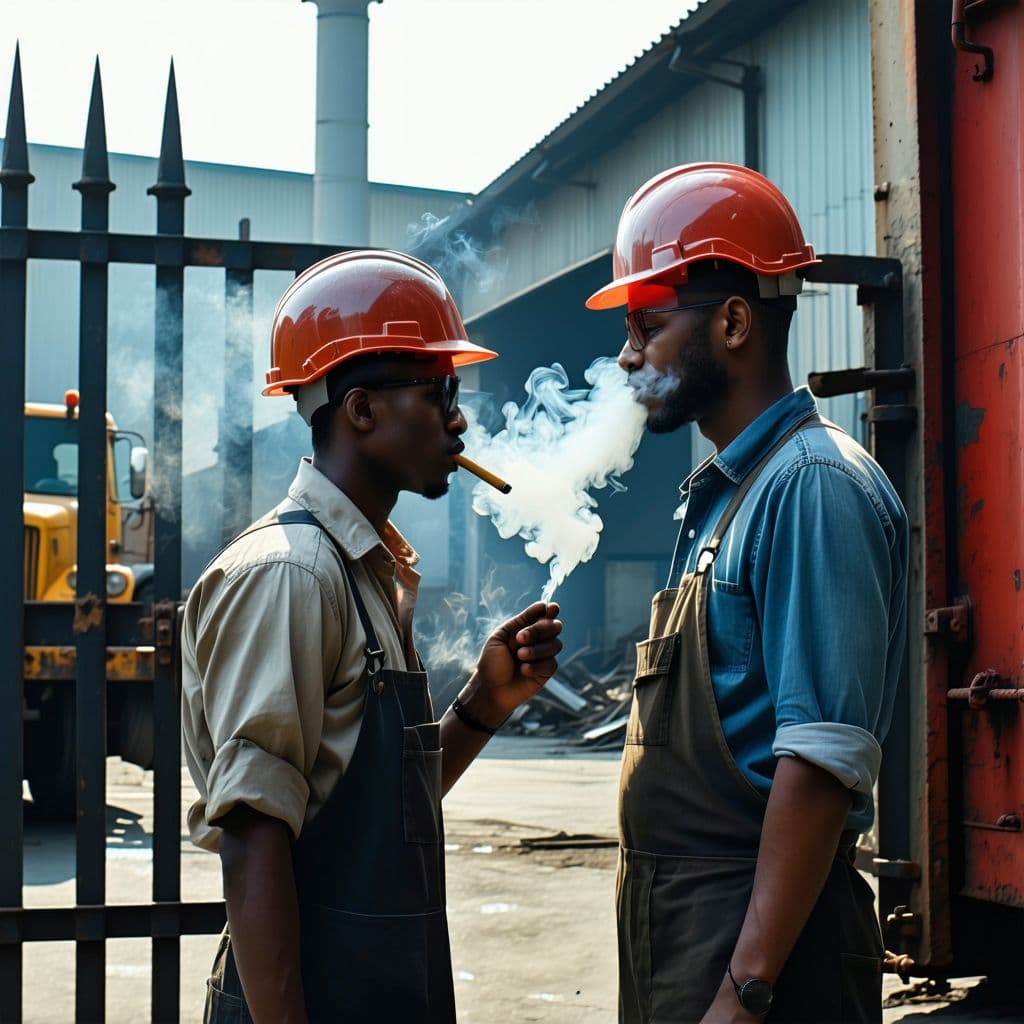 AI generated: two factory workers stand smoking at the factory gates