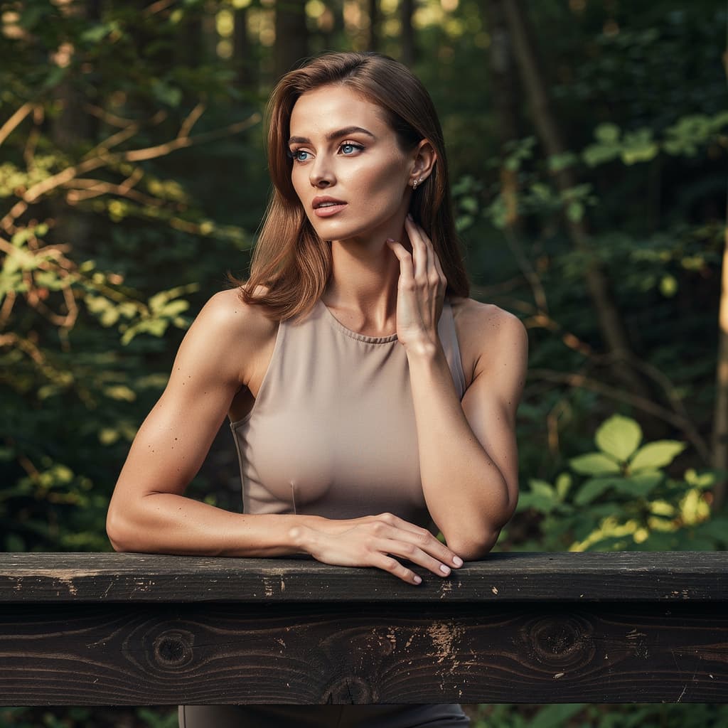 AI generated: A fit, topless adult woman with bronze hair and blue eyes is posing against lying a dark wooden  in ...