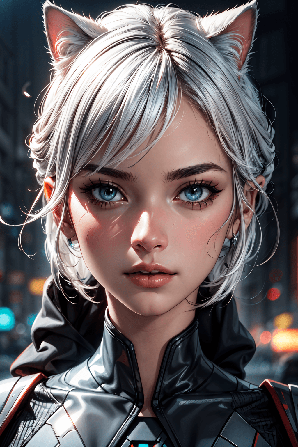 AI generated: female Sith lord from STAR WARS, white hair, cat ears, beautiful face, detailed face, hyperdetailed,...