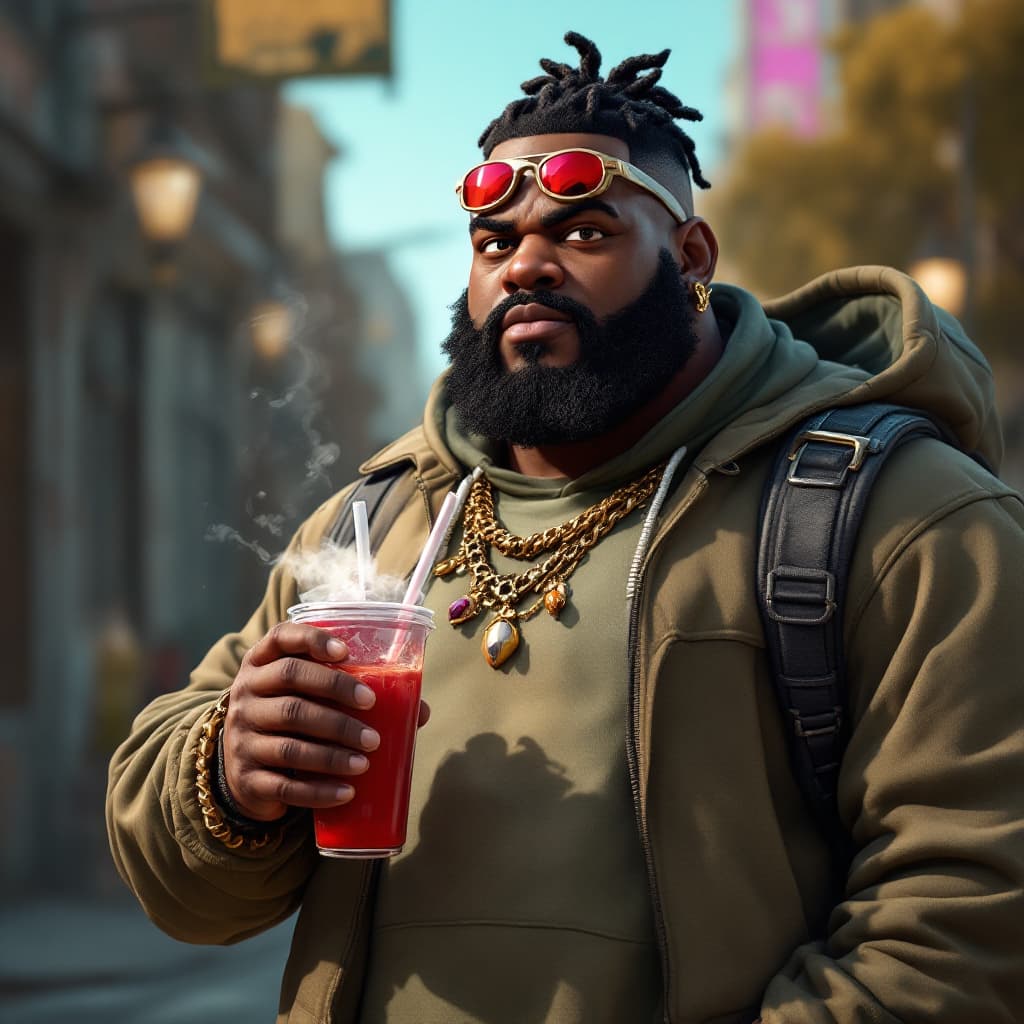 AI generated: dave blunts, a big fat black rapper as fortnite character holding a slurp juice 