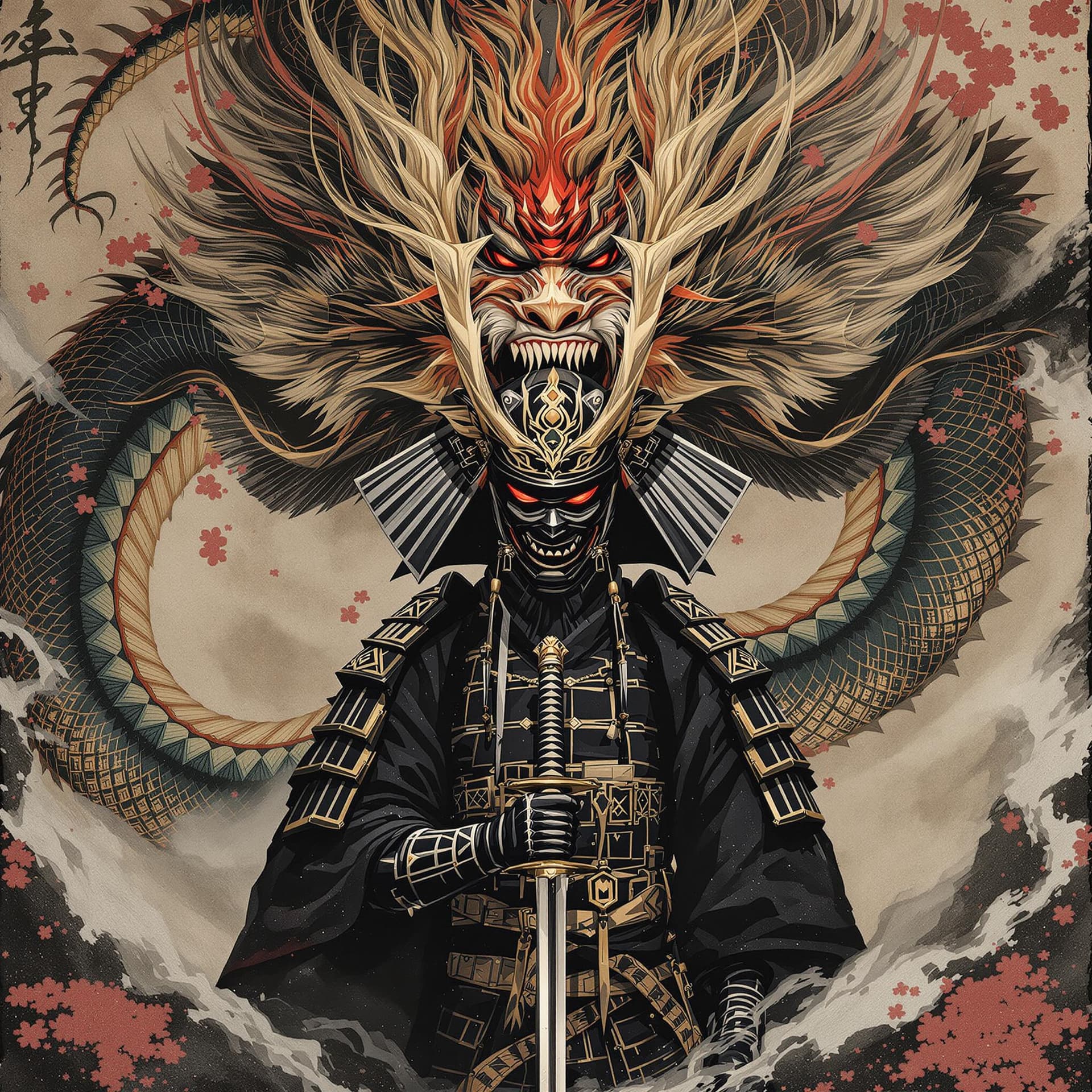 AI generated: japanese samurai in front of a japanese dragon,  ritualistic masks, Katana, realistic