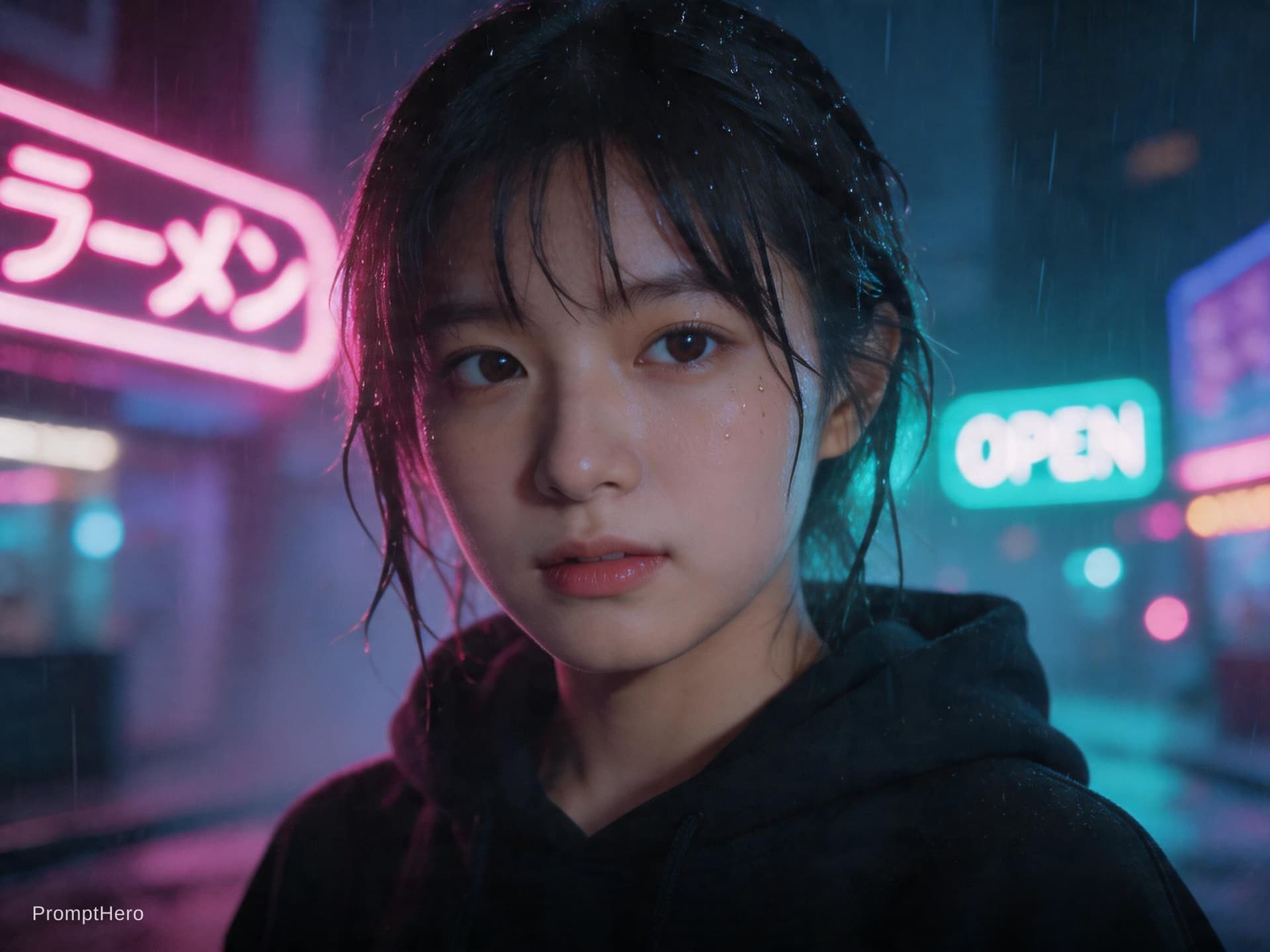 AI generated: cinematic close-up portrait of a cute young Japanese woman standing in a rainy neon-lit city at nigh...