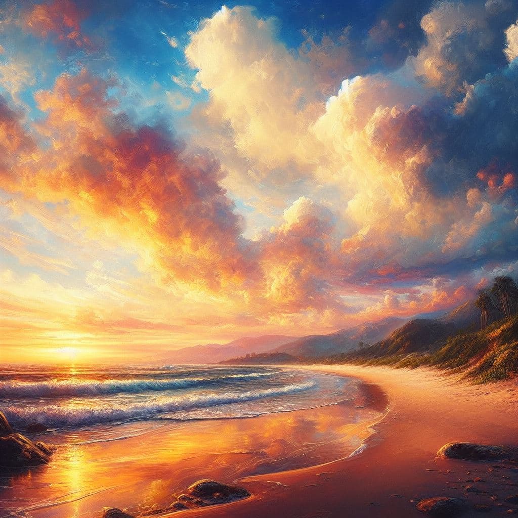 AI generated: A beach sunset view, clear sky, fluffy clouds,4k