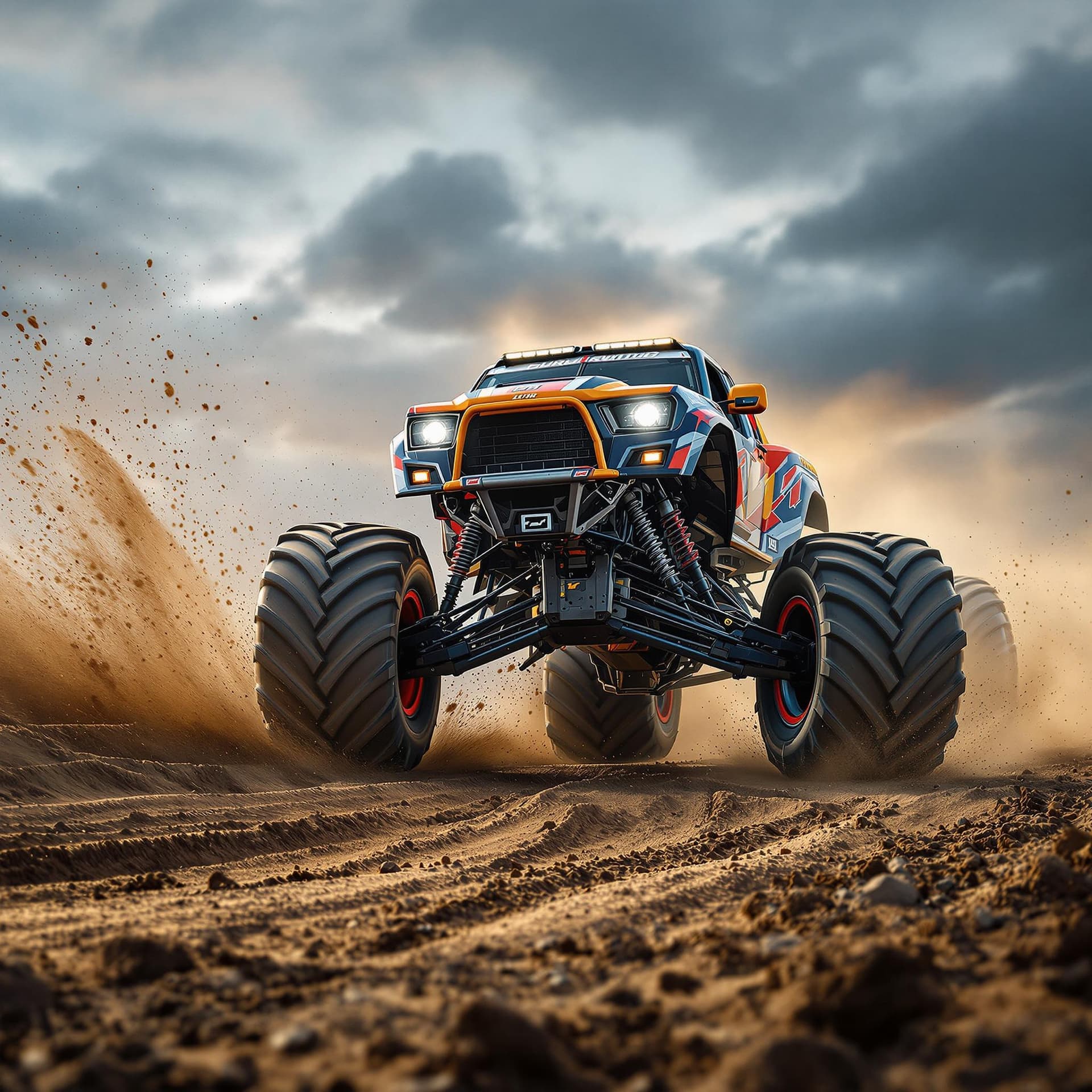 AI generated: photography, sports shooting, dynamic range, dynamic motion with Monster Truck driving towards camer...