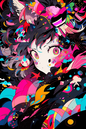 AI generated: Symmetry, a vibrant anime persona dissolving into swirling, vibrant ribbons of color, transforming i...