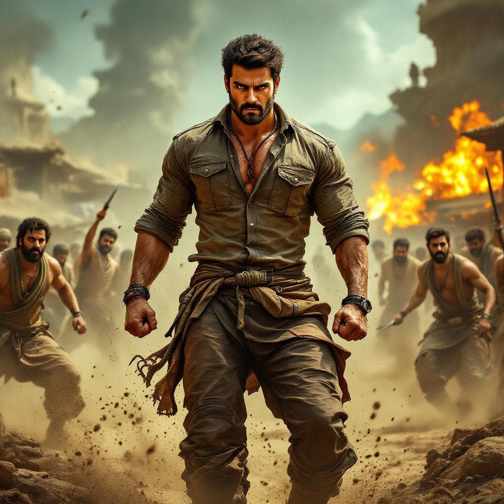 AI generated: Picture a powerful, high-energy Bollywood action scene set in a rugged, rural landscape. The protago...