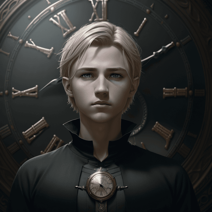 AI generated: portrait of a young wizard with short blond hair, gray eyes and a black shirt on the background of a...