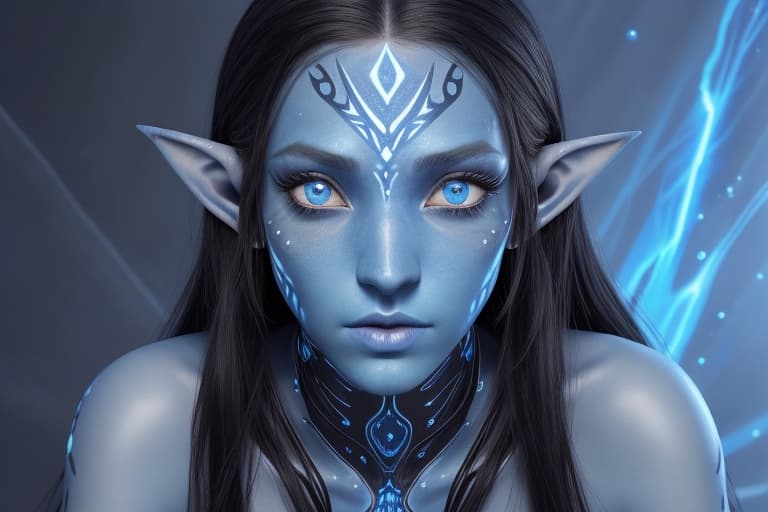 AI generated: blue humanoid avatar with bioluminescent avatar markings dots and patterns on their skin. Pointed el...