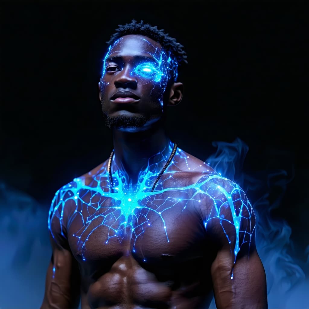 AI generated: An African American male, average height and build, standing calmly amid a fractured cosmic battlefi...