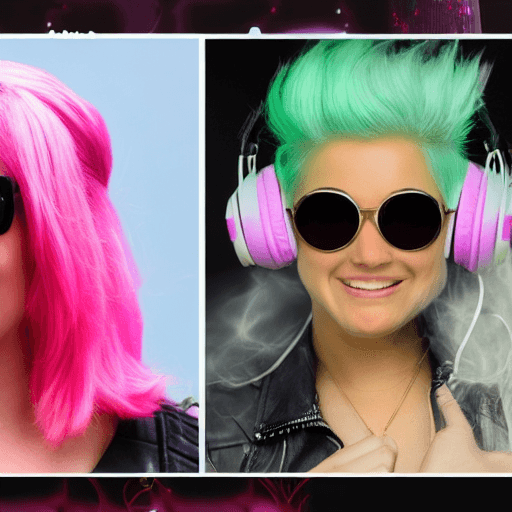 AI generated: beautiful (smiling:1) woman DJ with (pink hair:1.1) wearing (headphones:1.1) and sunglasses and a le...