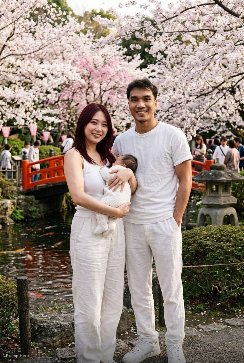 AI generated: Family portrait with baby in white, ultra realistic hyper realistic photo realistic flim grain, unev...